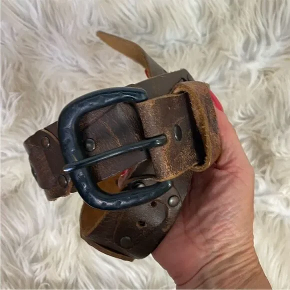 Red Mens Brown  Leather Studded Adjustable with Buckle Western Belt Brown XXL - Picture 2 of 7